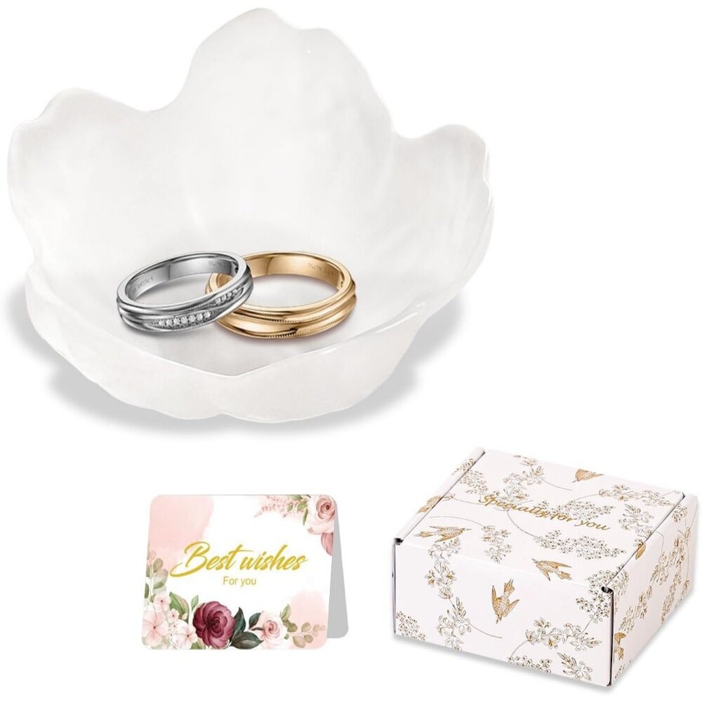 Women's White Flower Jewelry Dish Ring Holder Jewellery Tray Vanity Organizer